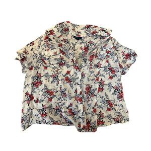 Karen Scott Womens Floral Button-Up Blouse 2X 100% Cotton Short Sleeve Cottage